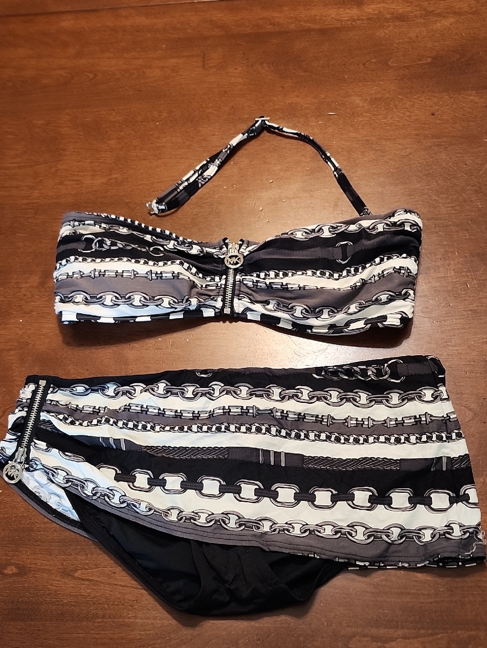 M8chael Kors Black, White & Gray Chain-Print Bandeau Bikini Set